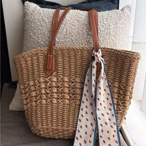 Stylish Tan Woven Tote Bag with Scarf Accent